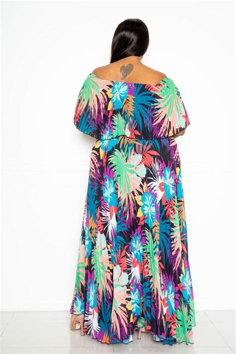 Tropical Printed Off Shoulder Pleated Maxi Dress Thick