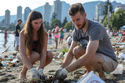 J Venes Voluntarios Limpian La Basura En La Playa De La Ciudad Foto