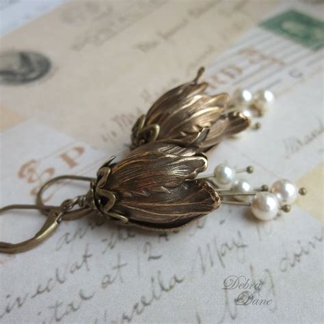 Pearl Earrings Vintage Style Antique Brass Tulip Earrings