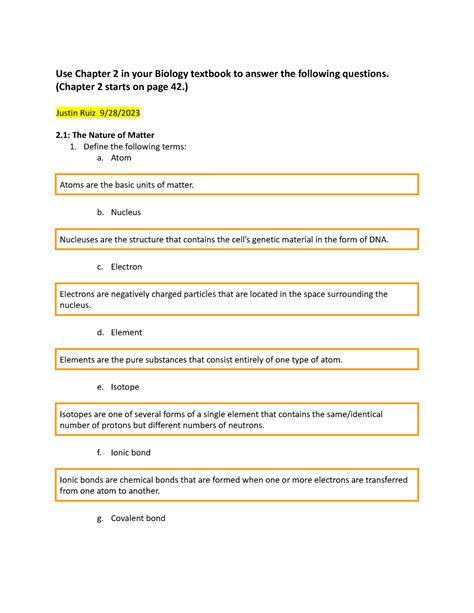 Biology Reading Ch 2 - Use Chapter 2 in your Biology textbook to answer