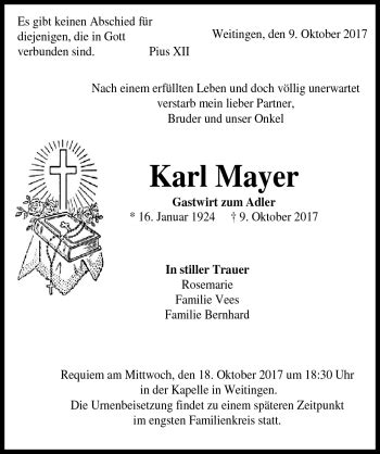 Traueranzeigen von Karl Mayer Schwarzwälder Bote Trauer