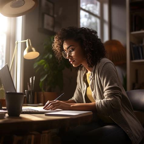 Premium Photo A Woman Sits At A Desk With A Laptop And A Lamp Behind Her