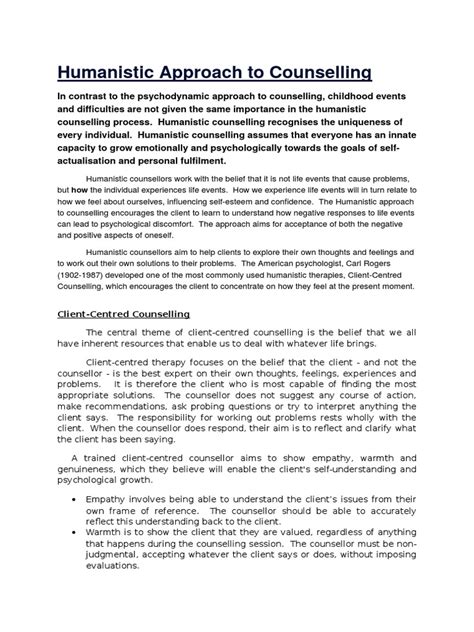 Humanistic Approach To Counselling Pdf Humanistic Psychology
