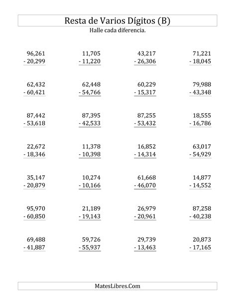 1Resta 5 digitos B Resta Resta de Varios Dígitos B Resta de