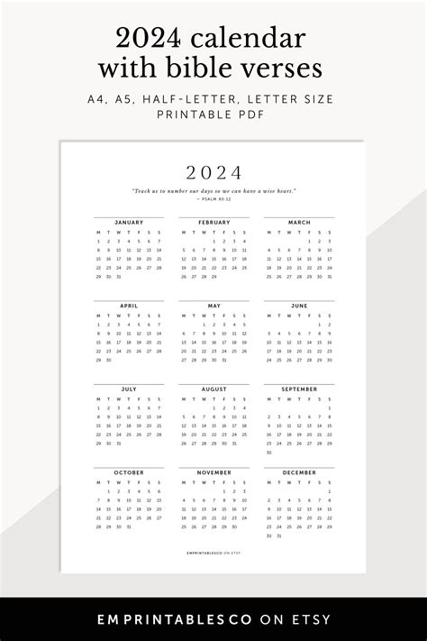 2024 Calendar With Bible Verses 2024 Christian Calendar 2024 Faith