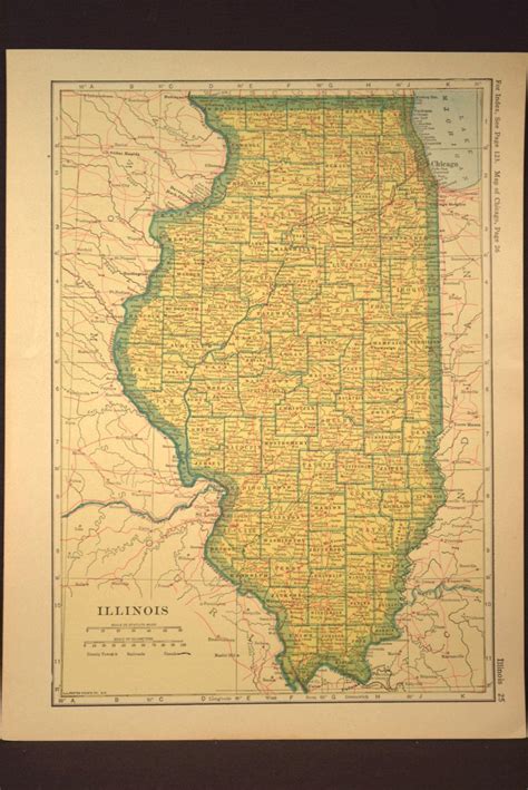 Illinois Map Illinois Railroad Antique Original 1920s Yellow Illinois Railroad Vintage World