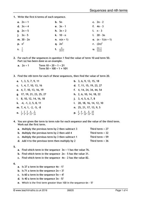 Sequences And Nth Terms Worksheet Pdf Teachit Maths — Db