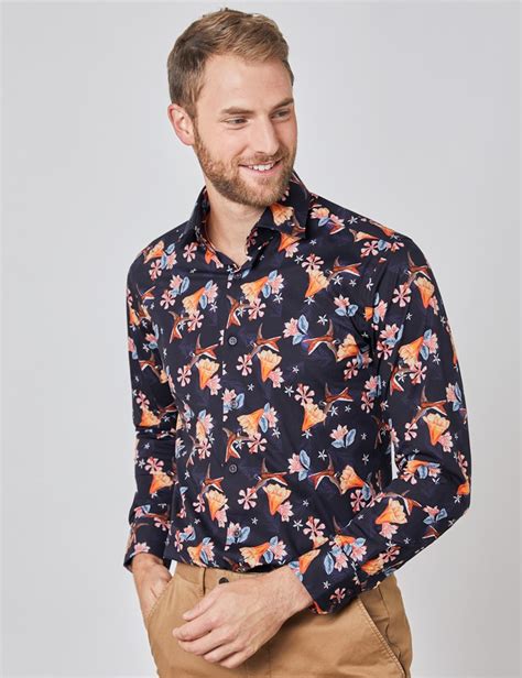 Easy Iron Cotton Men S Slim Fit Shirt With Birds And Floral Print And