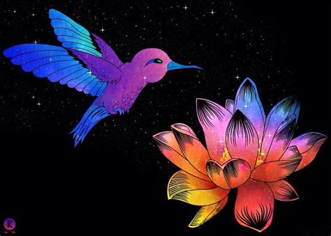 Flowers And Birds Lotus Flower Art Flower Art Drawing Hummingbird Art