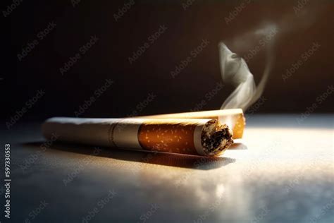 Smoking cigarette, cigarette burning and tobacco smoke, dark background ...