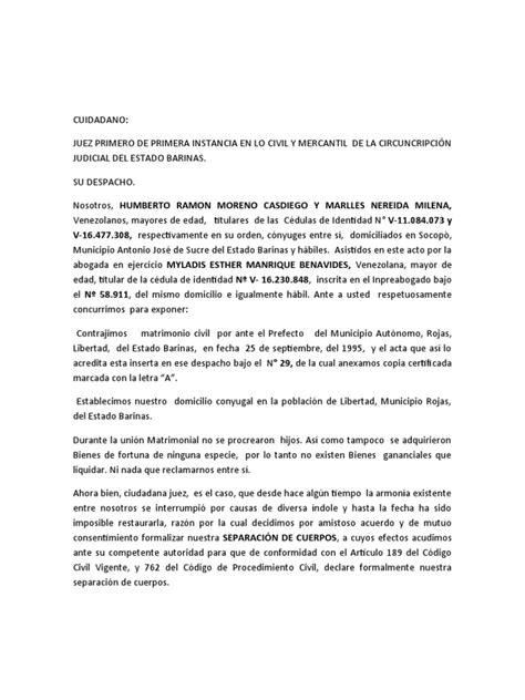 Solicitud De Divorcio Por Separación De Hecho Prolongada Pdf