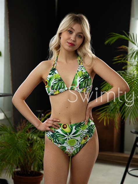 Two Piece High Rise Classic Bikini Bottom Triangle Top All Over