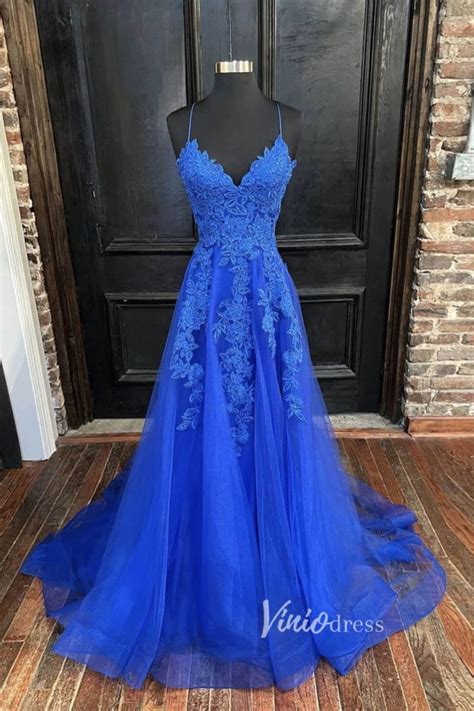 Spaghetti Strap Royal Blue Prom Dresses 2022 Lace Appliqued Tulle