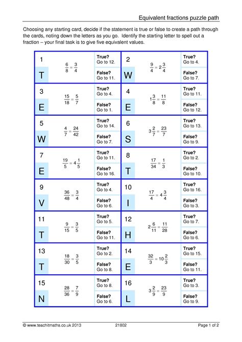 Equivalent Fractions Puzzle Path KS3 Maths Teachit