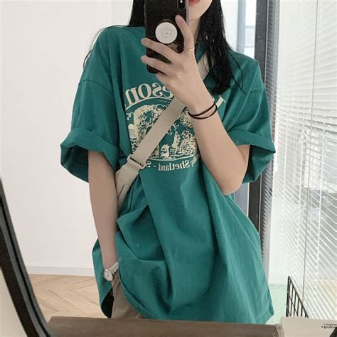 Dayifun T Shirt Half Sleeve Female Green Letter Printing Tees Loose