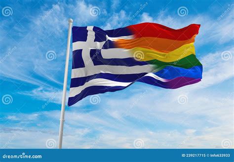 National Lgbt Flag Of Greece Flag Waving In The Wind At Cloudy Sky