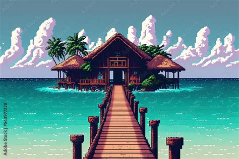 Pixel Art Bungalow On Paradise Island Beach Tropical Resort Landscape In Retro Style For 8 Bit