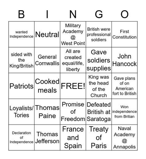 The Revolutionary War Bingo Card