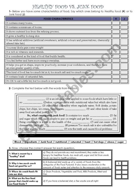 Healthy Food Vs Junk Food Esl Worksheet By Luciaraposo