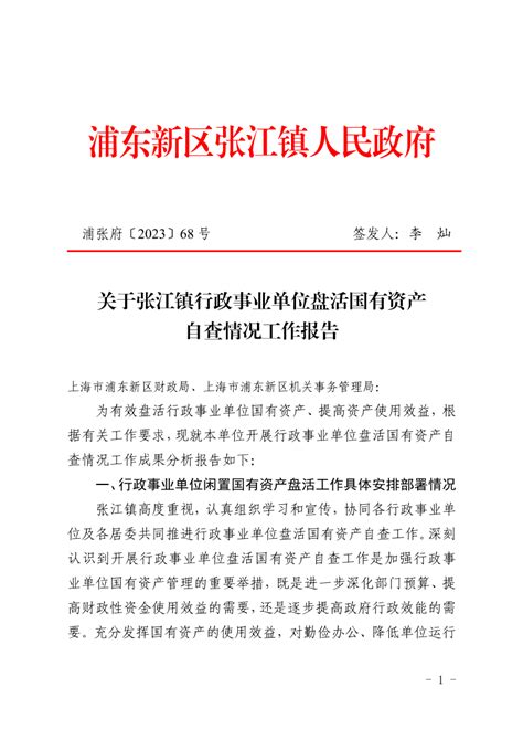 关于张江镇行政事业单位盘活国有资产自查情况工作报告报告