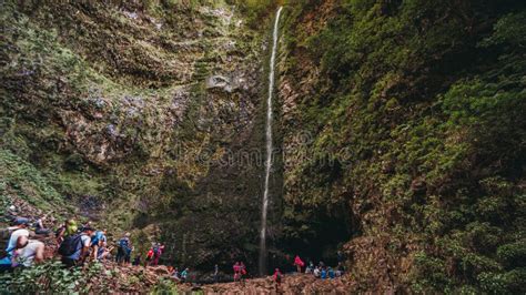 Grupo De Excursionistas Frente A Una Cascada En Un Bosque En Madeira