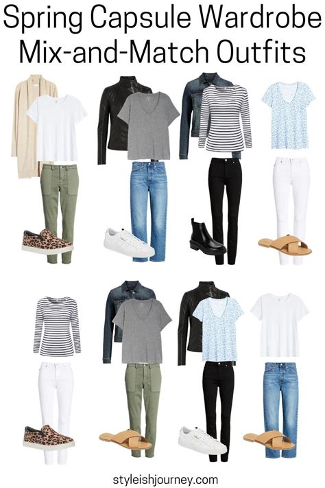 A Bunch Of Clothes And Shoes With The Words Spring Capsule Wardrobe Mix And Match Outfits