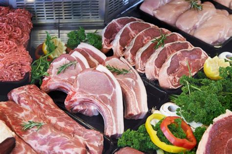 Display Of Fresh Meat In Butcher's Store Stock Photo - Image: 67481865