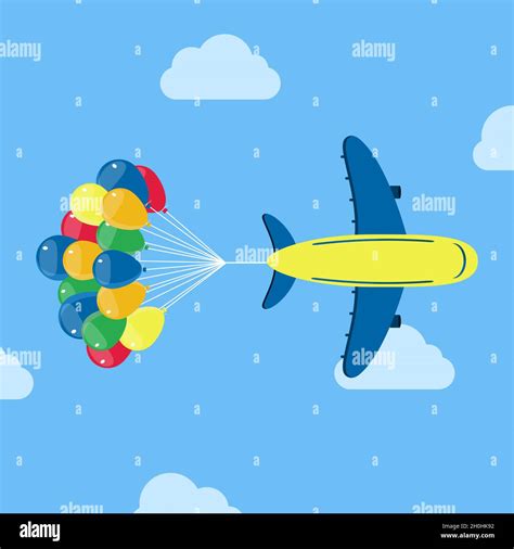 Plane flying with a group of helium balloons in the back. Conceptual ...