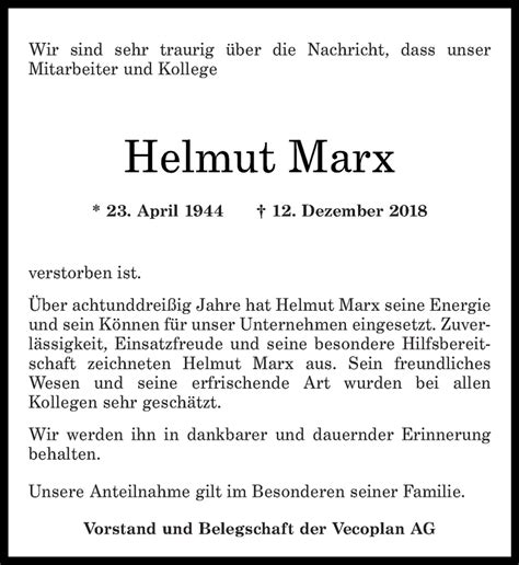 Traueranzeigen Von Helmut Marx Rz Trauer De