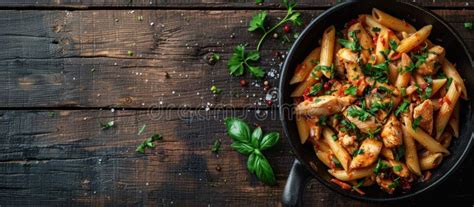 Chicken And Pasta Skillet On Wooden Table Stock Image Image Of Aromas