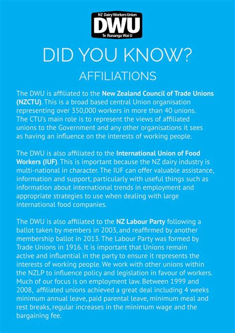 New Zealand Dairy Workers Union Did You Know Affiliations