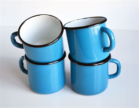 Vintage Enamel Mugs Set Of 4 Blue French Style Metal Mugs