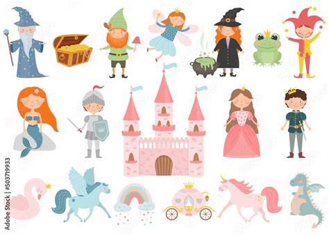 Set of cartoon fairy tale characters. Princess, prince, fairy, pegasus ...