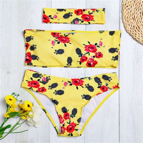 Belleziva Sexy Strapless Padded Floral Print Low Waisted Women Bikini