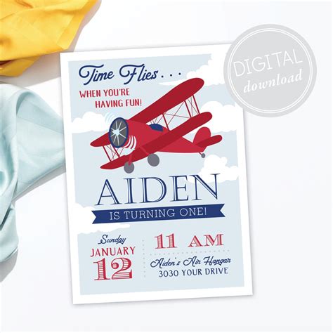 Vintage Airplane Birthday Invitation Time Flies Party Up Up And Away