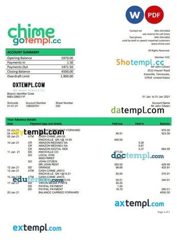 Usa San Francisco Chime Bank Statement Template In Word And Pdf Format