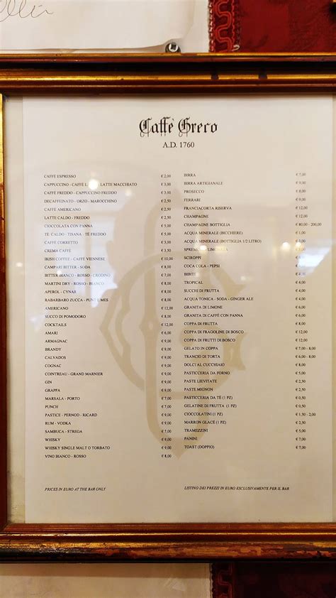 Menu Da Antico Caff Greco Caff Bar Roma Via Dei Condotti