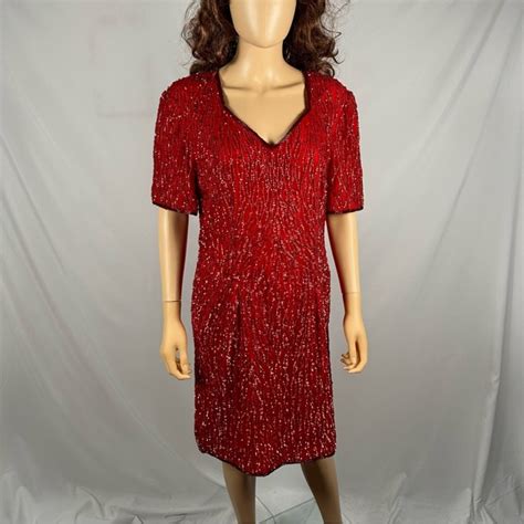 Vintage Dresses Vintage S Stenay Red Sequin Short Sleeve V Neck