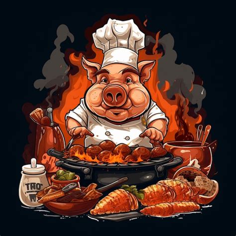 Premium Photo Cartoon Pig Chef Cooking Food On A Grill With Flames In