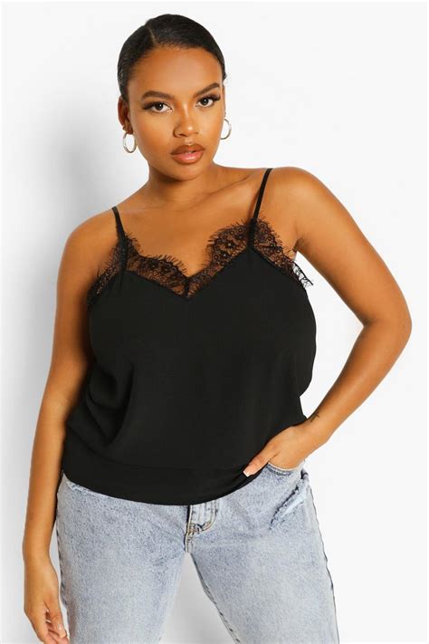 Black Plus Lace Detail Woven Cami Top Boohoo Uk