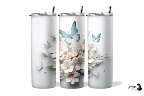 3d Butterfly White Flowers Tumbler Graphic By Gingerdesign · Creative