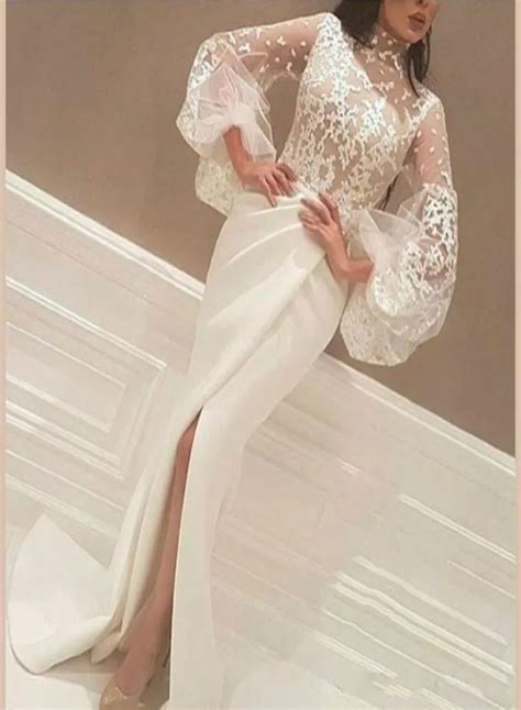 White Lace Illusion A Line High Neck Evening Gown With Puffy Sleeves