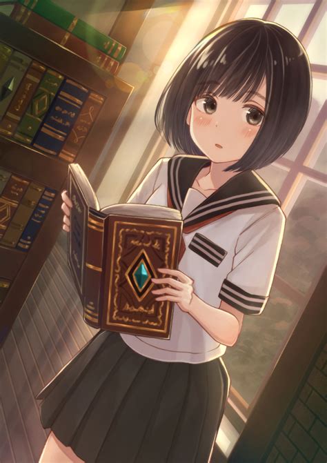 Safebooru 1girl Bangs Black Hair Blush Bob Cut Book Bookshelf Dutch