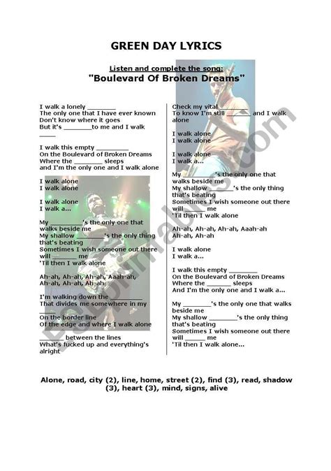 Boulevard Of Broken Dreams By Green Day Esl Worksheet By Pituriera