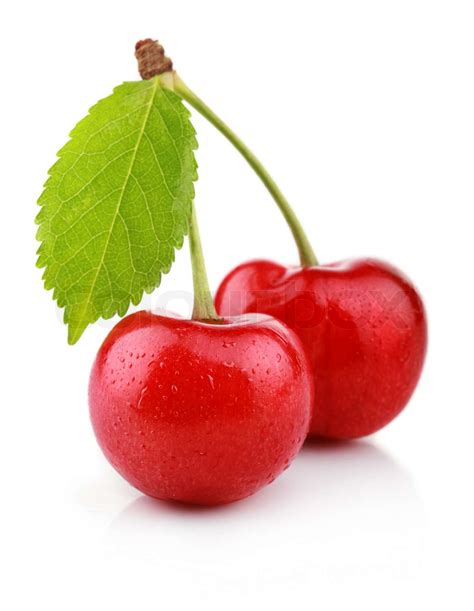 Kirsche Beeren Mit Grünen Blatt Isoliert Auf Weiss Stock Bild Colourbox