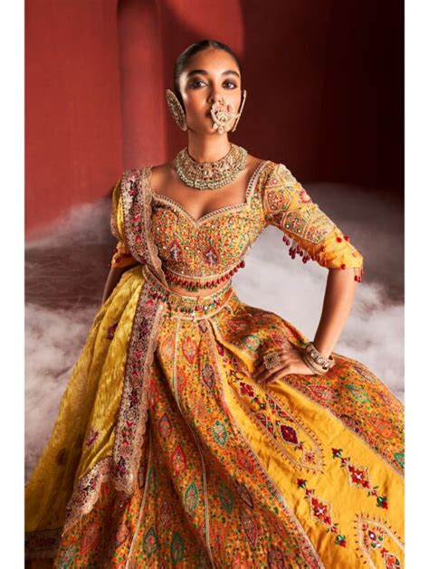 Aditi Gupta Mustard Yellow Jamawar Lehenga Set Featuring Deep