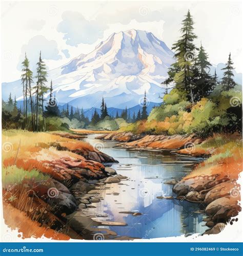 Detailed Mount Rainier Watercolor Sticker On White Background Stock