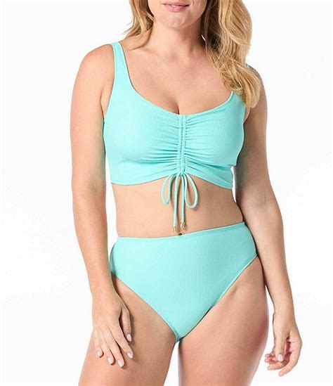 Coco Reef Solid Rib Elevate Bra Size Underwire Front Shirred V Neck Bikini Swim Top And High Waist