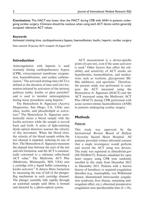 SOLUTION Comparison Of Activated Clotting Times Measured Using The