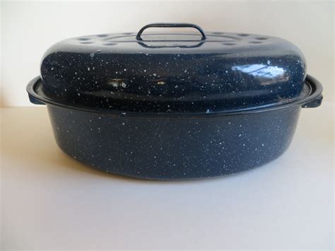 Vintage Blue Speckled Enamel Roasting Pan Etsy